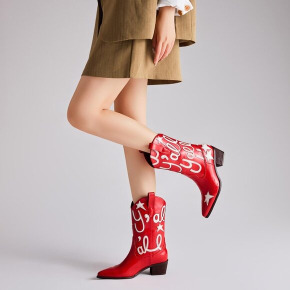 ⚡Women's Red Embroidered Mid Calf Cowgirl Boot Western Pointed Toe Chunky Heel - Picture 5 of 6